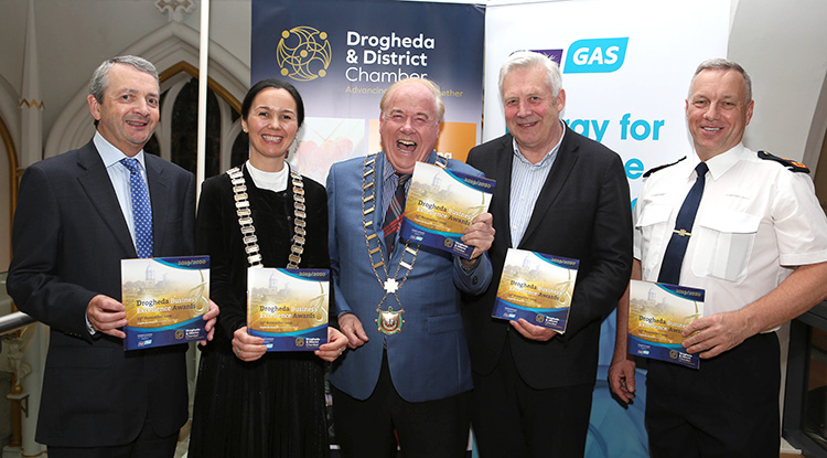 Eoin O'Flynn, marketing manager, Flogas Ireland, the premier sponsor, Chamber President Shona McManus, Mayor Frank Godfrey, Cllr Fergus O'Dowd and Supt Andrew Watters at the Launch of the Drogheda and District Chamber of Commerce 15th annual Business Excellence awards in the Highlanes Drogheda