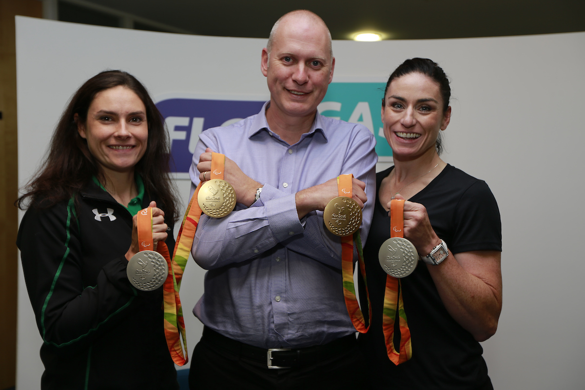 John Rooney, managing director, Flogas Ireland with victorious Paralympians Katie George Dunlevy and Eve McCrystal at the Flogas head office in Knockbrack House on Friday 23rd September