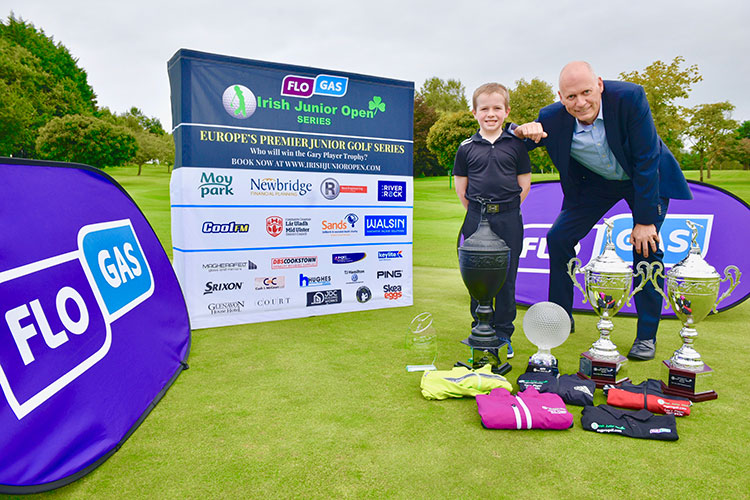 Harry O’Hara (9) winner of the 2018 Flogas Irish Junior Open with John Rooney, managing director Flogas.