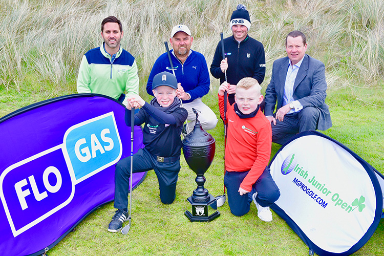 Michael Gallagher, founder, Irish Junior Open Series,  European Tour Pro Gary Murphy, Harry O’Hara (10),  Parker Bonnes (7), European Tour Pro Cormac Sharvin and Brian Hermin, Group Accounts and Technical services Manager, Flogas at the Flogas Junior Open Champions Match at Royal Portrush Golf Club, which was won by Gary Murphy and Harry O’Hara.