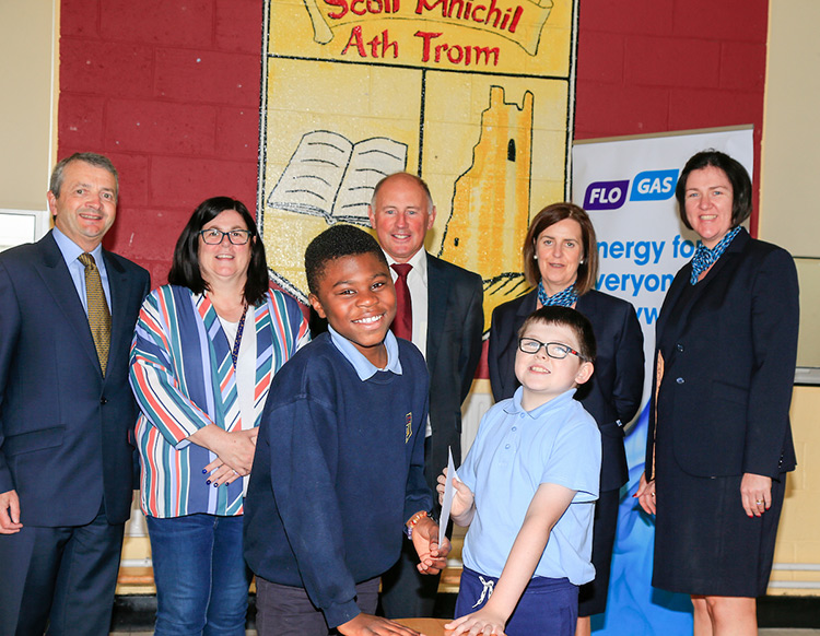 l/r Eoin O'Flynn, marketing manager, Flogas Ireland; Cynthia Patton, teacher; Fergal Fitzpatrick, principal of St Michael's School;  Liz Califf and Caroline Leddy with students Temitope Omojoloa and Sean Leddy. 