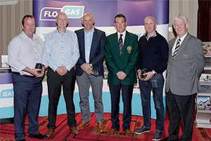 John Rooney, managing director Flogas Ireland (2nd left) with the winning team at the inaugural Flogas Pro-Am. l/r- Jim Porter, Conor Kelly, Nigel Howley, Niall Woods and Michael McCumiskey of the Professional Golfers Association.